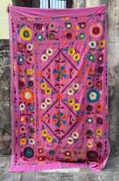 Velvet Suzani Throw - Pink Bohemian Embroidered Sofa Bed Blanket - thumbnail 1