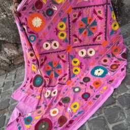 Velvet Suzani Throw - Pink Bohemian Embroidered Sofa Bed Blanket - thumbnail 3