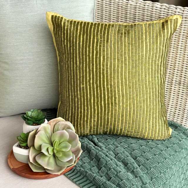 "Green Cotton Linen Beaded Striped Decorative Throw Pillow Cover, 16""x16" - image 1
