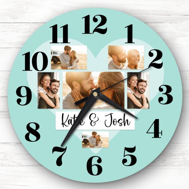 Couple Love Heart Photos Mint Romantic Personalised Gift Clock - image 1