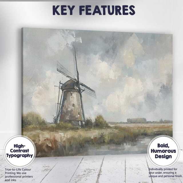 Contemporary Windmill Countryside Abstract Landscape Painting Canvas Wall Art Print Decor Picture Ready To Hang - image 1