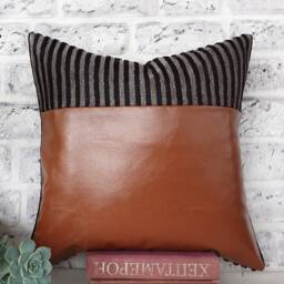 Cognac Faux Leather Pillow Cover Chenille Stripes, Modern Home Decor - thumbnail 2