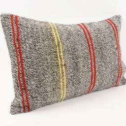 Handwoven Turkish Kilim Lumbar Pillow Cover 16x24 Brown Wool Cushion - thumbnail 3