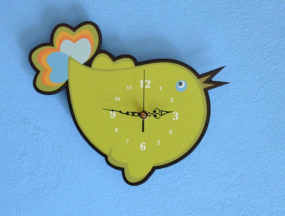 Green Cute Cartoon Sparrow - Wall Clock