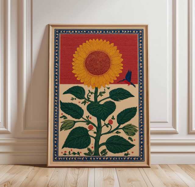 Folk Art Sunflower Poster, Retro Cottagecore Botanical Print