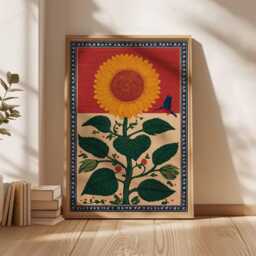 Folk Art Sunflower Poster, Retro Cottagecore Botanical Print - thumbnail 3