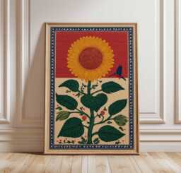 Folk Art Sunflower Poster, Retro Cottagecore Botanical Print - thumbnail 1
