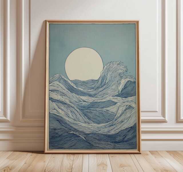 Japanese Ocean Wave Poster, Minimal Sea Print, Moon Over Water Wall Art, Blue Coastal Decor, Tranquil Abstract Nature Illustration - image 1