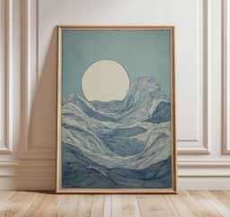 Japanese Ocean Wave Poster, Minimal Sea Print, Moon Over Water Wall Art, Blue Coastal Decor, Tranquil Abstract Nature Illustration - thumbnail 1