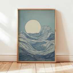Japanese Ocean Wave Poster, Minimal Sea Print, Moon Over Water Wall Art, Blue Coastal Decor, Tranquil Abstract Nature Illustration - thumbnail 2