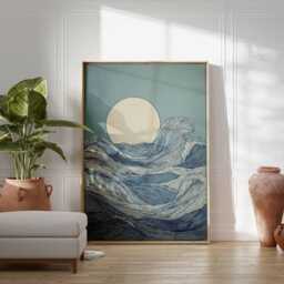 Japanese Ocean Wave Poster, Minimal Sea Print, Moon Over Water Wall Art, Blue Coastal Decor, Tranquil Abstract Nature Illustration - thumbnail 3
