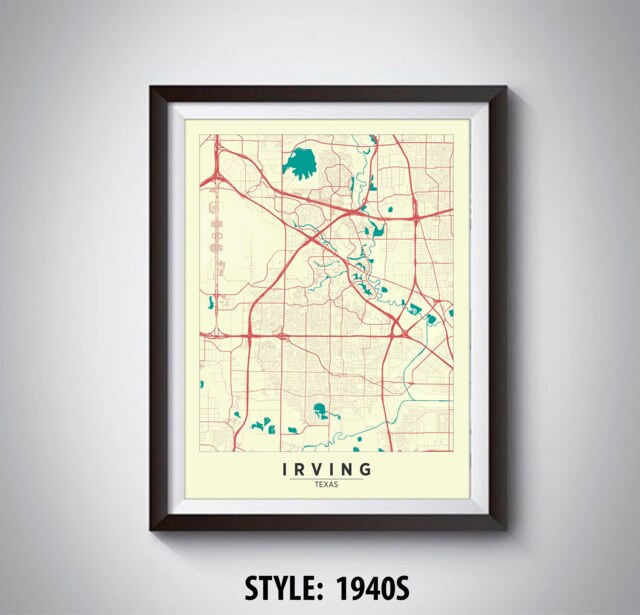 Irving Texas Map Print Vintage Style Office Wall Art - image 1