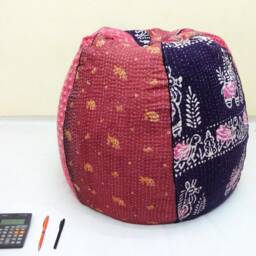 Handmade Floral Kantha Bean Bag Chair Bohemian Cotton Pouf - thumbnail 2