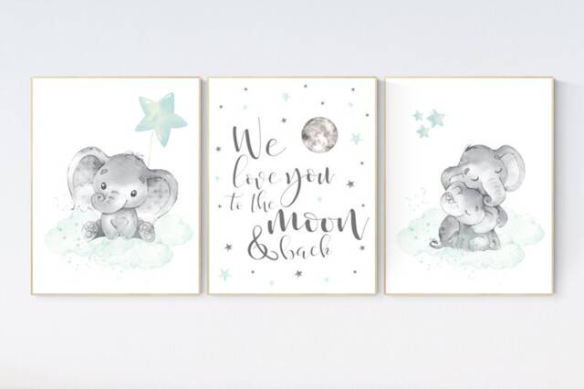 Elephant Nursery Art Print Moon & Stars, Gender Neutral Decor - image 1