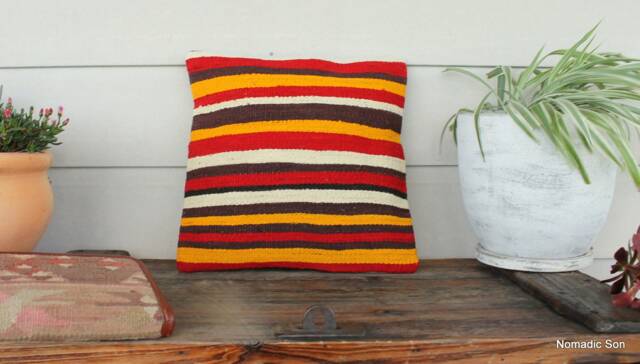 40cm Vintage Kilim Cushion Cover Handwoven - Boho Vibrant Stripes Sunshine - image 1