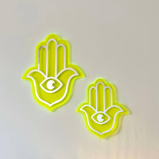 Neon Yellow Acrylic Hamsa Hand Wall Decor Bohemian Evil Eye Talisman - image 1