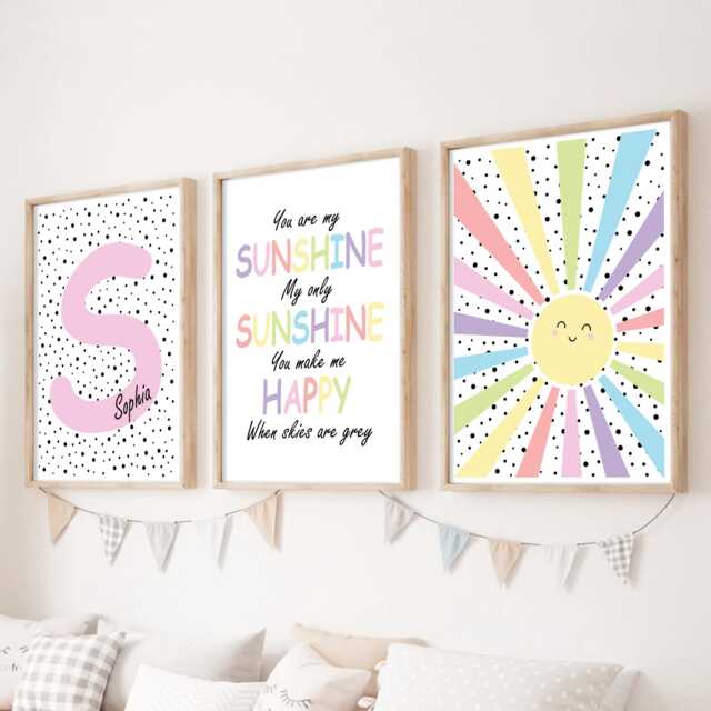 Personalized Sunshine Nursery Prints Pastel Rainbow Wall Art, Set Of 3 - image 1