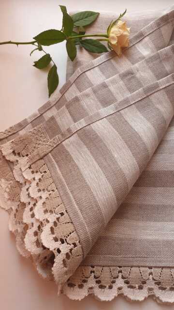striped Linen Bath Towel With Lace - Made in Latvia - image 1