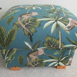 Fryetts Monkey Fabric Footstool Handmade Jungle Nursery Pouffe Animals Ochre Apes Teal - thumbnail 2