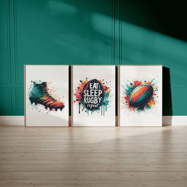 Colourful Rugby Poster Set - 3 Line Drawing Prints - Boys Bedroom Decor A4/A3 Wall Art Watercolour Artwork Gifts Boy Player Gift - image 1