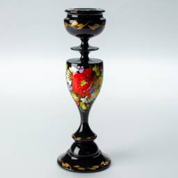 Ukrainian Hand Painted Tall Wooden Candle Stick Holder, Handmade Black Table Home Decor, Petrykivka Gift Ukraine Shop, S131 - thumbnail 3