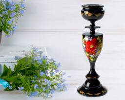 Ukrainian Hand Painted Tall Wooden Candle Stick Holder, Handmade Black Table Home Decor, Petrykivka Gift Ukraine Shop, S131 - thumbnail 1