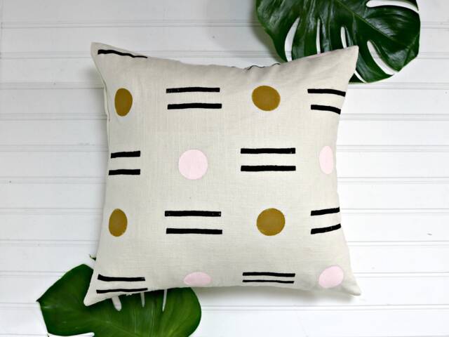 Cream Linen Pillow Cover With Block Printed Design // Pink Mustard Black Geometric Cushion Bedding Accent Decorative Throw Bauhaus Ochre - image 1
