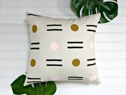 Cream Linen Pillow Cover With Block Printed Design // Pink Mustard Black Geometric Cushion Bedding Accent Decorative Throw Bauhaus Ochre - thumbnail 1