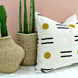 Cream Linen Pillow Cover With Block Printed Design // Pink Mustard Black Geometric Cushion Bedding Accent Decorative Throw Bauhaus Ochre - thumbnail 2
