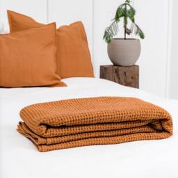 Burnt Orange Waffle Linen Throw Blanket Soft Bedspread - thumbnail 2
