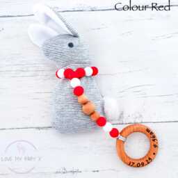 Pink Pastel Bunny Rattle, Personalised Bespoke Gift, My First Christmas, Sensory Ring, Engraved Toy, Newborn Name Newborn First Gift - thumbnail 4