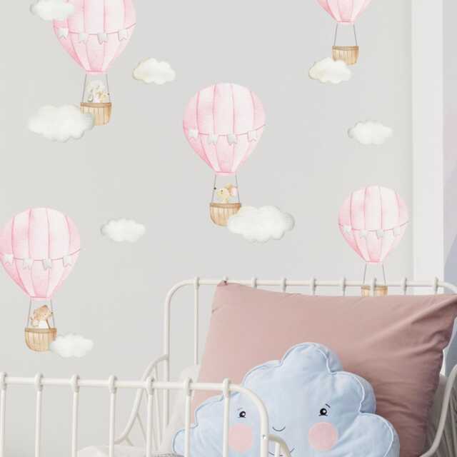Pink Hot Air Balloon Wall Stickers, Pastel Nursery Decals, Baby Room Decor, Removable Kids Bedroom Stickers - image 1