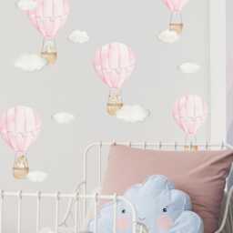 Pink Hot Air Balloon Wall Stickers, Pastel Nursery Decals, Baby Room Decor, Removable Kids Bedroom Stickers - thumbnail 1