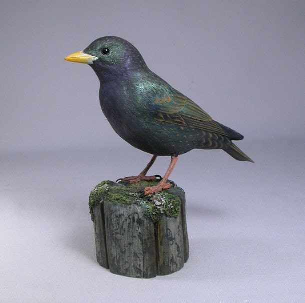 European Starling Wooden Carved Bird - image 1