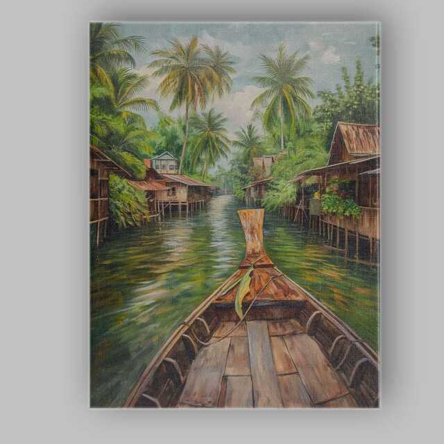 Traditional Longtail Boat Tropical Canal Village Canvas Wall Art Print Decor Picture Ready To Hang - image 1