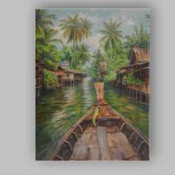 Traditional Longtail Boat Tropical Canal Village Canvas Wall Art Print Decor Picture Ready To Hang - thumbnail 1
