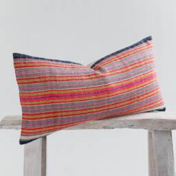 Handwoven Hmong Lumbar Pillow Cover Vintage Hill Tribe Fabric, Striped Weave - 24x12 - thumbnail 3