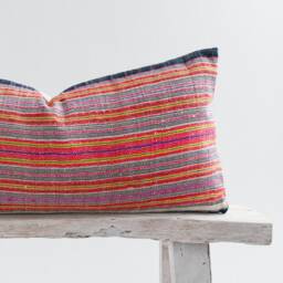 Handwoven Hmong Lumbar Pillow Cover Vintage Hill Tribe Fabric, Striped Weave - 24x12 - thumbnail 2