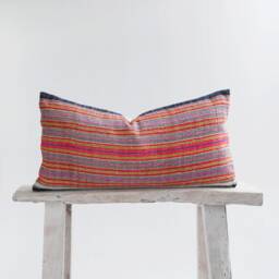 Handwoven Hmong Lumbar Pillow Cover Vintage Hill Tribe Fabric, Striped Weave - 24x12 - thumbnail 1