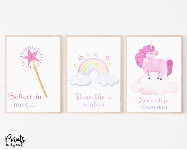 Unicorn Wall Art Set, Pastel Watercolor Prints, Girls Room Decor - image 1