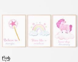 Unicorn Wall Art Set, Pastel Watercolor Prints, Girls Room Decor - thumbnail 1