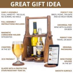 Handcrafted Wooden Wine & Beer Caddy Portable 4-Pack Carrier, Glass Tray Holder, Storage Stand, Drink Holder - Father's Day Gift - thumbnail 2