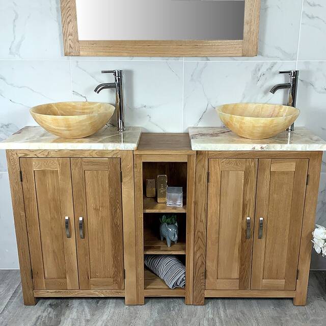 Bathroom Vanity Unit - Sink Washstand Slimline Oak With Golden Onyx Worktop & Sit On Basins Taps Plugs Included - image 1