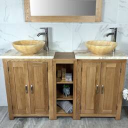 Bathroom Vanity Unit - Sink Washstand Slimline Oak With Golden Onyx Worktop & Sit On Basins Taps Plugs Included