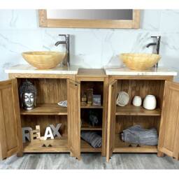 Bathroom Vanity Unit - Sink Washstand Slimline Oak With Golden Onyx Worktop & Sit On Basins Taps Plugs Included - thumbnail 2
