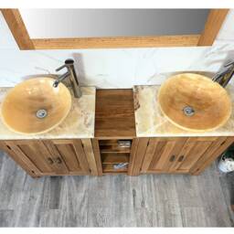 Bathroom Vanity Unit - Sink Washstand Slimline Oak With Golden Onyx Worktop & Sit On Basins Taps Plugs Included - thumbnail 3