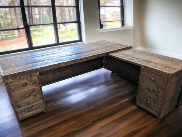 Corner Desk Office With 2 Drawer Units , Custom Made Reclaimed Scaffold Boards Rustic - 6 Privacy Panels - The Circus - image 1