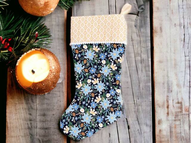 Rifle Paper Co Holiday Classics Ii Poinsettia Bouquet in Navy Metallic Fabric Christmas Stocking - image 1