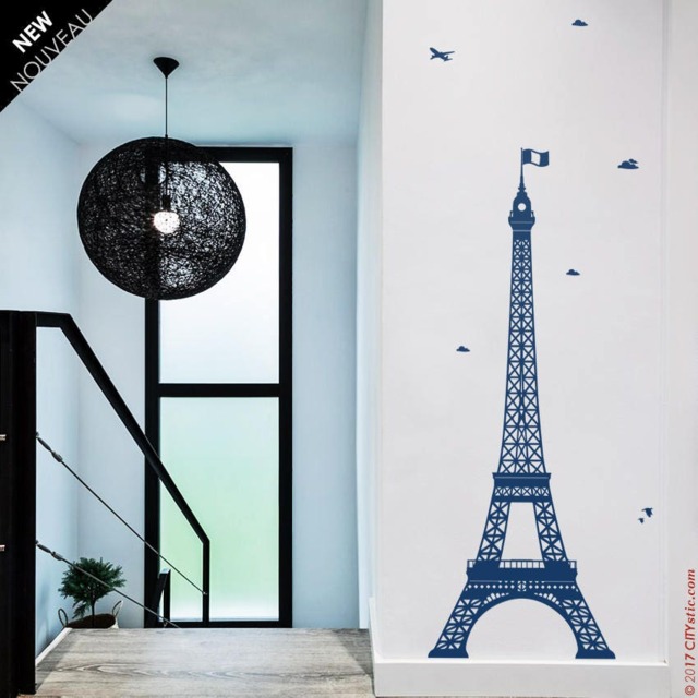 Eiffel Tower Wall Decal Paris Silhouette Decor With Clouds & Plane - image 1