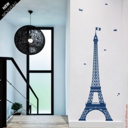 Eiffel Tower Wall Decal Paris Silhouette Decor With Clouds & Plane - thumbnail 1
